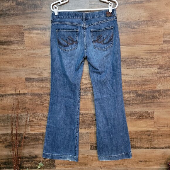 Express X2 Jeans 8 L Eva Full Leg Flare Low Rise Medium Wash Stretch Y2K - Picture 2 of 12
